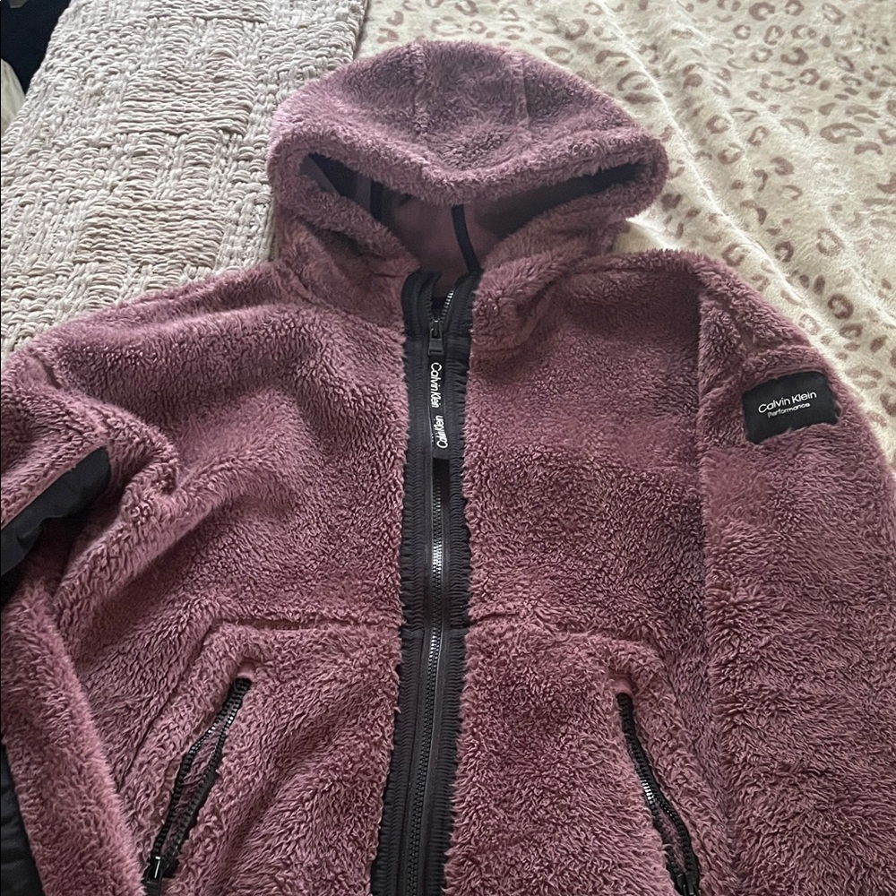 Calvin Klein Plush Hooded Zip Jacket - Mauve